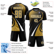 Charger l'image dans la galerie, Custom Black Old Gold-White Halftone Dot Dynamic Curve Stripe Sublimation Soccer Uniform Jersey
