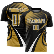 Charger l'image dans la galerie, Custom Black Old Gold-White Halftone Dot Dynamic Curve Stripe Sublimation Soccer Uniform Jersey
