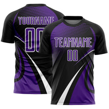 Charger l'image dans la galerie, Custom Black Purple-White Halftone Dot Dynamic Curve Stripe Sublimation Soccer Uniform Jersey
