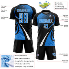 Load image into Gallery viewer, Custom Black Powder Blue-White Halftone Dot Dynamic Curve Stripe Sublimation Soccer Uniform Jersey
