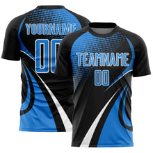 Load image into Gallery viewer, Custom Black Powder Blue-White Halftone Dot Dynamic Curve Stripe Sublimation Soccer Uniform Jersey
