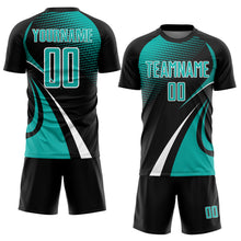 Laden Sie das Bild in den Galerie-Viewer, Custom Black Aqua-White Halftone Dot Dynamic Curve Stripe Sublimation Soccer Uniform Jersey
