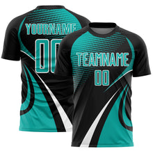 Laden Sie das Bild in den Galerie-Viewer, Custom Black Aqua-White Halftone Dot Dynamic Curve Stripe Sublimation Soccer Uniform Jersey
