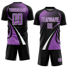 Charger l'image dans la galerie, Custom Black Medium Purple-White Halftone Dot Dynamic Curve Stripe Sublimation Soccer Uniform Jersey
