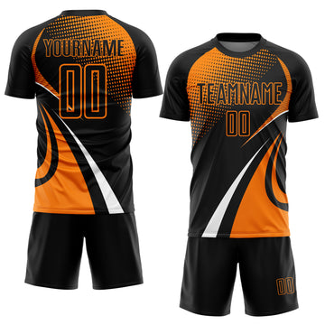 Custom Black Bay Orange-White Halftone Dot Dynamic Curve Stripe Sublimation Soccer Uniform Jersey