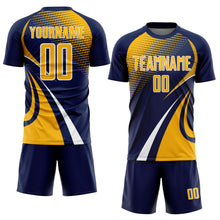 Charger l'image dans la galerie, Custom Navy Gold-White Halftone Dot Dynamic Curve Stripe Sublimation Soccer Uniform Jersey
