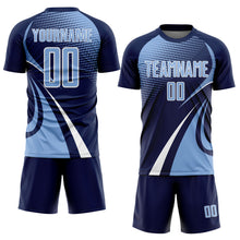Загрузить изображение в средство просмотра галереи, Custom Navy Light Blue-White Halftone Dot Dynamic Curve Stripe Sublimation Soccer Uniform Jersey
