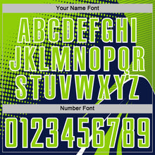 Laden Sie das Bild in den Galerie-Viewer, Custom Navy Neon Green-White Halftone Dot Dynamic Curve Stripe Sublimation Soccer Uniform Jersey
