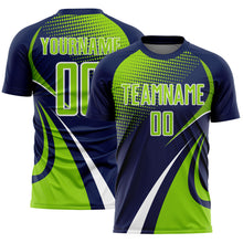 Laden Sie das Bild in den Galerie-Viewer, Custom Navy Neon Green-White Halftone Dot Dynamic Curve Stripe Sublimation Soccer Uniform Jersey
