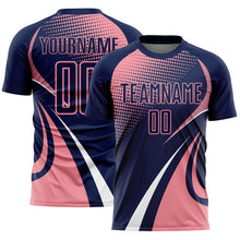 Laden Sie das Bild in den Galerie-Viewer, Custom Navy Medium Pink-White Halftone Dot Dynamic Curve Stripe Sublimation Soccer Uniform Jersey
