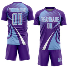 Charger l'image dans la galerie, Custom Purple Light Blue-White Halftone Dot Dynamic Curve Stripe Sublimation Soccer Uniform Jersey

