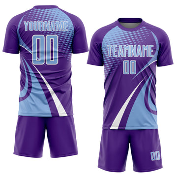 Custom Purple Light Blue-White Halftone Dot Dynamic Curve Stripe Sublimation Soccer Uniform Jersey