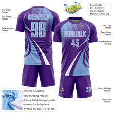 Charger l'image dans la galerie, Custom Purple Light Blue-White Halftone Dot Dynamic Curve Stripe Sublimation Soccer Uniform Jersey
