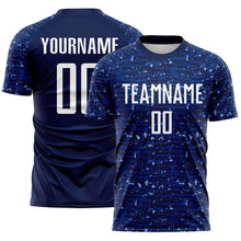 Load image into Gallery viewer, Custom Navy-White Distressed Fragment Brush Stroke Sublimation Soccer Uniform Jersey
