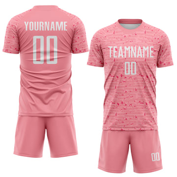 Custom Medium Pink-White Distressed Fragment Brush Stroke Sublimation Soccer Uniform Jersey