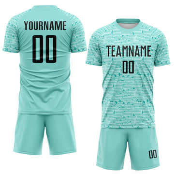 Custom Ice Blue-Black Distressed Fragment Brush Stroke Sublimation Soccer Uniform Jersey