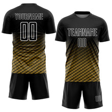 Laden Sie das Bild in den Galerie-Viewer, Custom Black Old Gold-White Geometric Wave Gradient Sublimation Soccer Uniform Jersey
