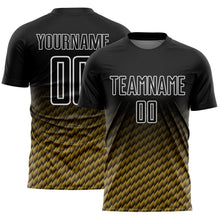 Laden Sie das Bild in den Galerie-Viewer, Custom Black Old Gold-White Geometric Wave Gradient Sublimation Soccer Uniform Jersey
