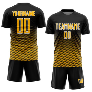 Custom Black Gold-White Geometric Wave Gradient Sublimation Soccer Uniform Jersey