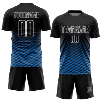 Custom Black Powder Blue-White Geometric Wave Gradient Sublimation Soccer Uniform Jersey