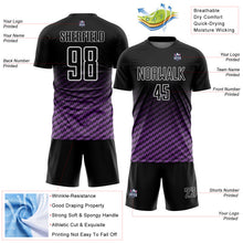 Laden Sie das Bild in den Galerie-Viewer, Custom Black Medium Purple-White Geometric Wave Gradient Sublimation Soccer Uniform Jersey
