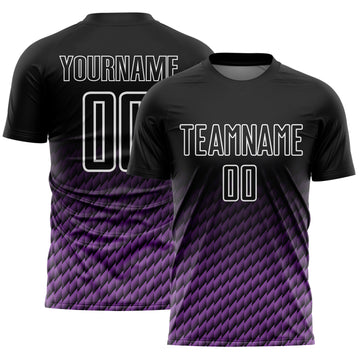 Custom Black Medium Purple-White Geometric Wave Gradient Sublimation Soccer Uniform Jersey