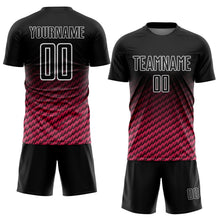 Load image into Gallery viewer, Custom Black Neon Pink-White Geometric Wave Gradient Sublimation Soccer Uniform Jersey
