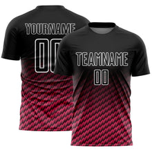 Load image into Gallery viewer, Custom Black Neon Pink-White Geometric Wave Gradient Sublimation Soccer Uniform Jersey
