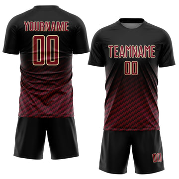 Custom Black Crimson-Cream Geometric Wave Gradient Sublimation Soccer Uniform Jersey