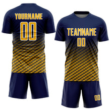 Laden Sie das Bild in den Galerie-Viewer, Custom Navy Gold-White Geometric Wave Gradient Sublimation Soccer Uniform Jersey
