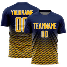 Laden Sie das Bild in den Galerie-Viewer, Custom Navy Gold-White Geometric Wave Gradient Sublimation Soccer Uniform Jersey
