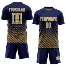 Laden Sie das Bild in den Galerie-Viewer, Custom Navy Old Gold-White Geometric Wave Gradient Sublimation Soccer Uniform Jersey
