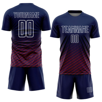 Custom Navy Crimson-White Geometric Wave Gradient Sublimation Soccer Uniform Jersey