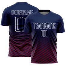 Laden Sie das Bild in den Galerie-Viewer, Custom Navy Crimson-White Geometric Wave Gradient Sublimation Soccer Uniform Jersey
