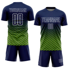 Laden Sie das Bild in den Galerie-Viewer, Custom Navy Neon Green-White Geometric Wave Gradient Sublimation Soccer Uniform Jersey
