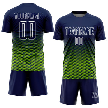 Custom Navy Neon Green-White Geometric Wave Gradient Sublimation Soccer Uniform Jersey