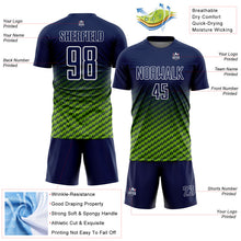 Laden Sie das Bild in den Galerie-Viewer, Custom Navy Neon Green-White Geometric Wave Gradient Sublimation Soccer Uniform Jersey
