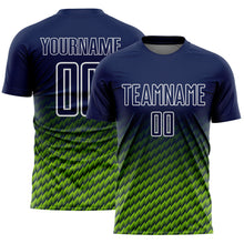 Laden Sie das Bild in den Galerie-Viewer, Custom Navy Neon Green-White Geometric Wave Gradient Sublimation Soccer Uniform Jersey
