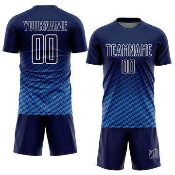Custom Navy Powder Blue-White Geometric Wave Gradient Sublimation Soccer Uniform Jersey