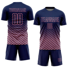 Laden Sie das Bild in den Galerie-Viewer, Custom Navy-Medium Pink Geometric Wave Gradient Sublimation Soccer Uniform Jersey
