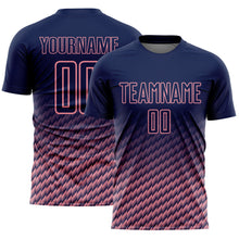 Laden Sie das Bild in den Galerie-Viewer, Custom Navy-Medium Pink Geometric Wave Gradient Sublimation Soccer Uniform Jersey
