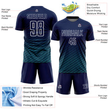 Laden Sie das Bild in den Galerie-Viewer, Custom Navy Teal-White Geometric Wave Gradient Sublimation Soccer Uniform Jersey
