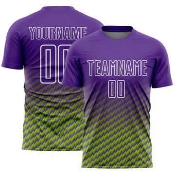 Custom Purple Neon Green-White Geometric Wave Gradient Sublimation Soccer Uniform Jersey