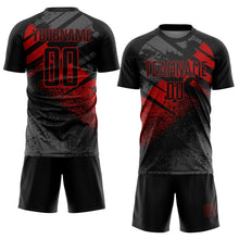 Laden Sie das Bild in den Galerie-Viewer, Custom Black-Red Grunge Splatter Brush Stroke Sublimation Soccer Uniform Jersey
