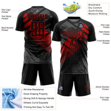 Laden Sie das Bild in den Galerie-Viewer, Custom Black-Red Grunge Splatter Brush Stroke Sublimation Soccer Uniform Jersey
