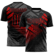 Laden Sie das Bild in den Galerie-Viewer, Custom Black-Red Grunge Splatter Brush Stroke Sublimation Soccer Uniform Jersey
