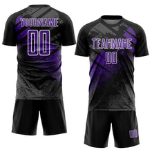 Laden Sie das Bild in den Galerie-Viewer, Custom Black Purple-White Grunge Splatter Brush Stroke Sublimation Soccer Uniform Jersey
