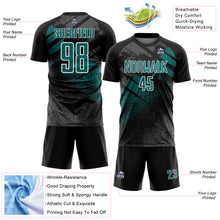 Charger l'image dans la galerie, Custom Black Teal-White Grunge Splatter Brush Stroke Sublimation Soccer Uniform Jersey
