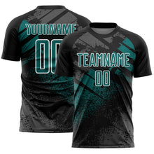 Charger l'image dans la galerie, Custom Black Teal-White Grunge Splatter Brush Stroke Sublimation Soccer Uniform Jersey
