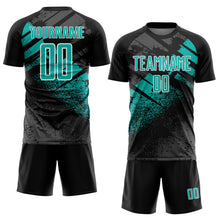 Laden Sie das Bild in den Galerie-Viewer, Custom Black Aqua-White Grunge Splatter Brush Stroke Sublimation Soccer Uniform Jersey
